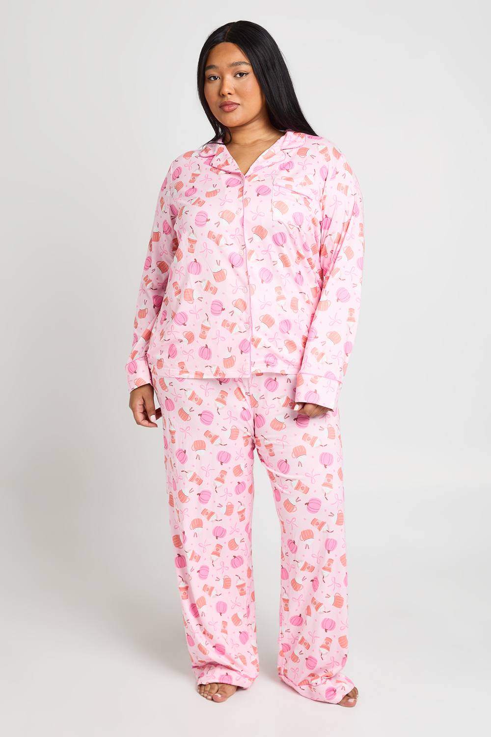 boohoo Women's Plus Matching Family Super Soft Pumpkin Bow Print Long Sleeve Shirt & Trousers Pyjama Set in Light Pink by boohoo