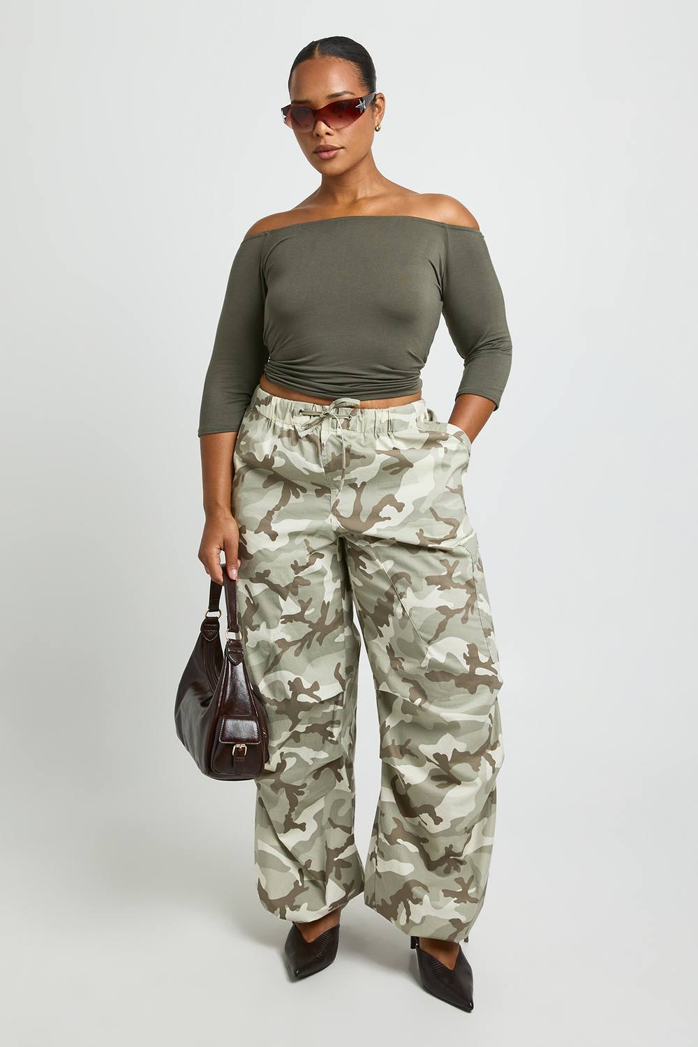 boohoo Women's Plus Nylon Camo Wide Leg Trouser in Grey by boohoo