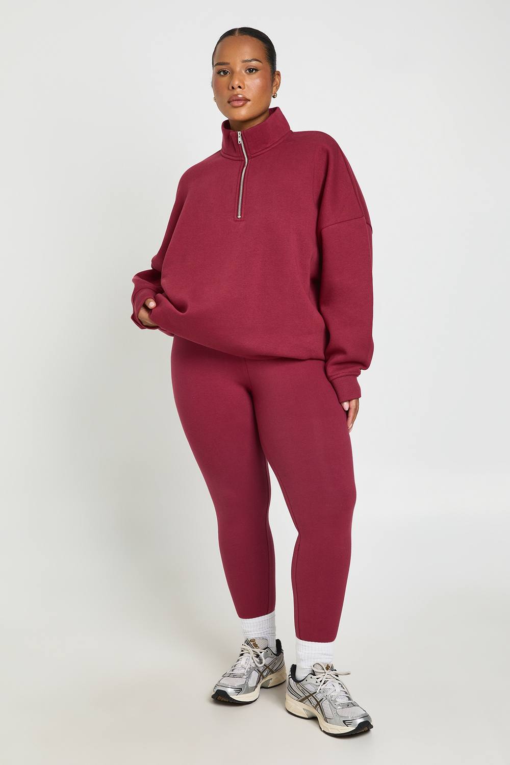 boohoo Women's Plus Oversized Half Zip Sweatshirt & Legging Set in Berry by boohoo