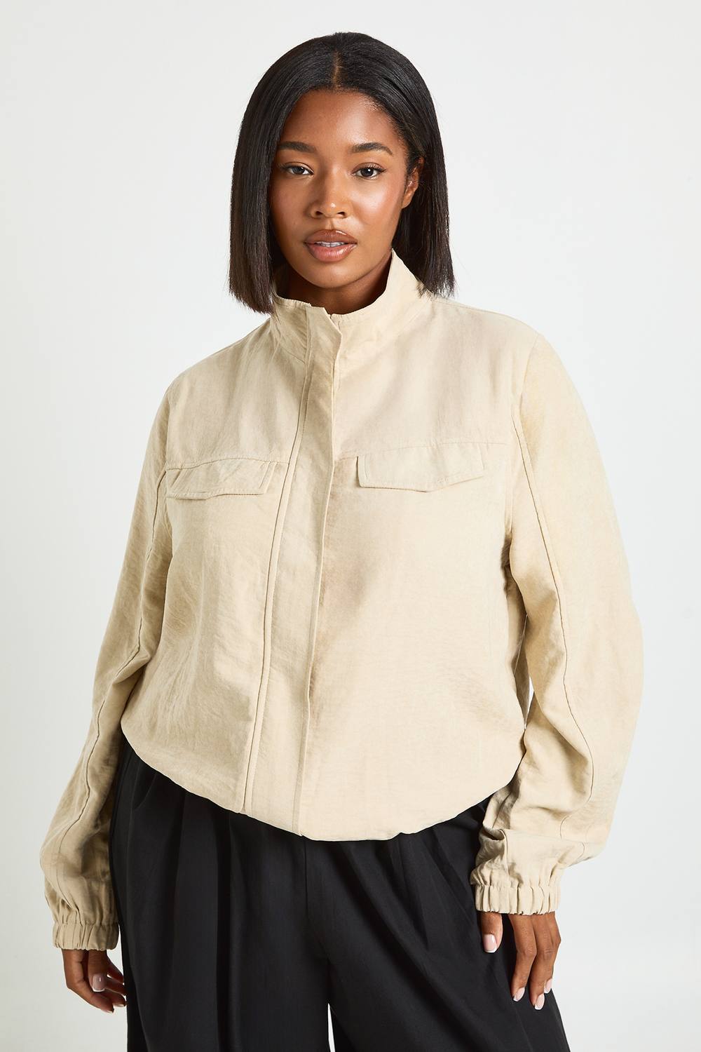 boohoo Women's Plus Peached Funnel Neck Zip Up Jacket in Stone by boohoo