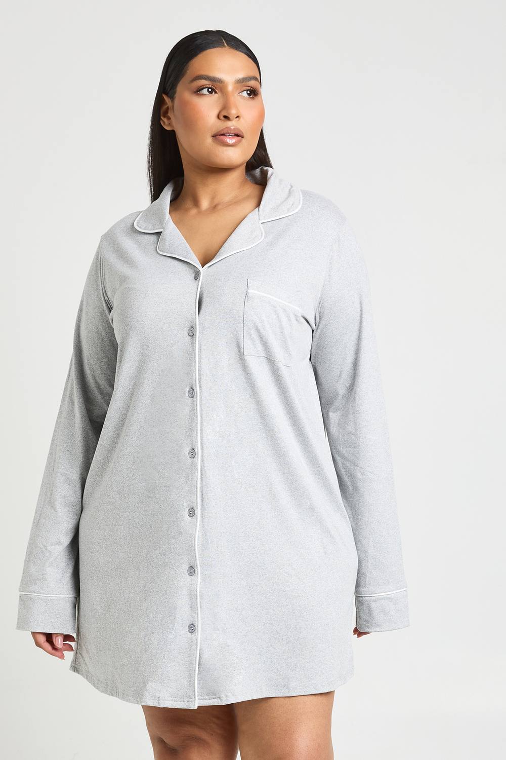 boohoo Women's Plus Piping Detail Long Sleeve Nightie in Grey Marl by boohoo