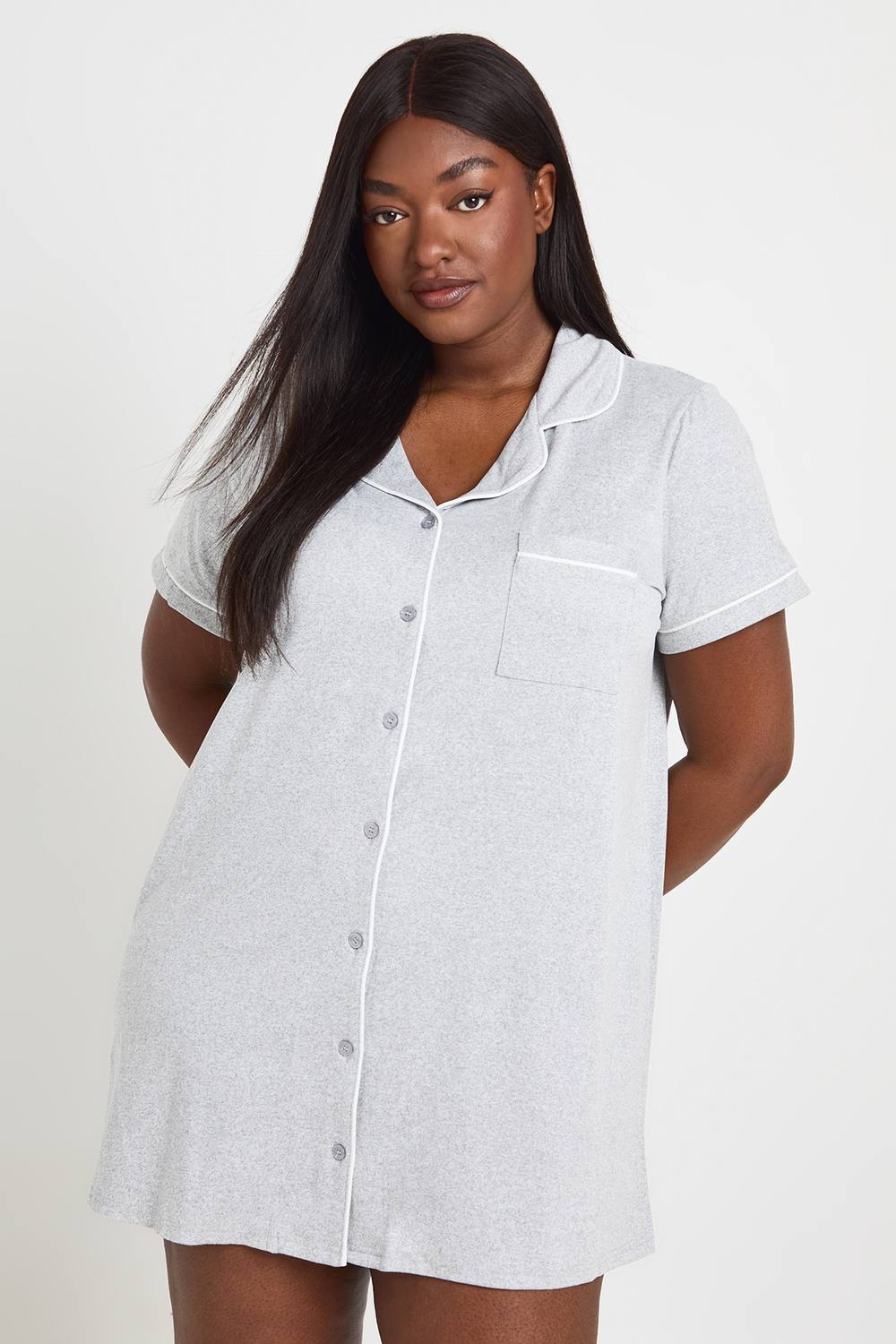 boohoo Women's Plus Piping Detail Short Sleeve Nightie in Grey Marl by boohoo