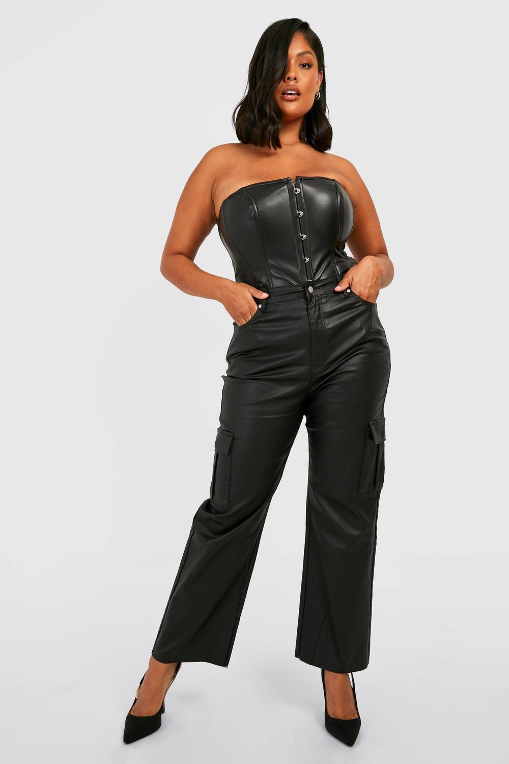 boohoo Women's Plus Pu Coated Denim High Rise Cargo Jean in Black by boohoo