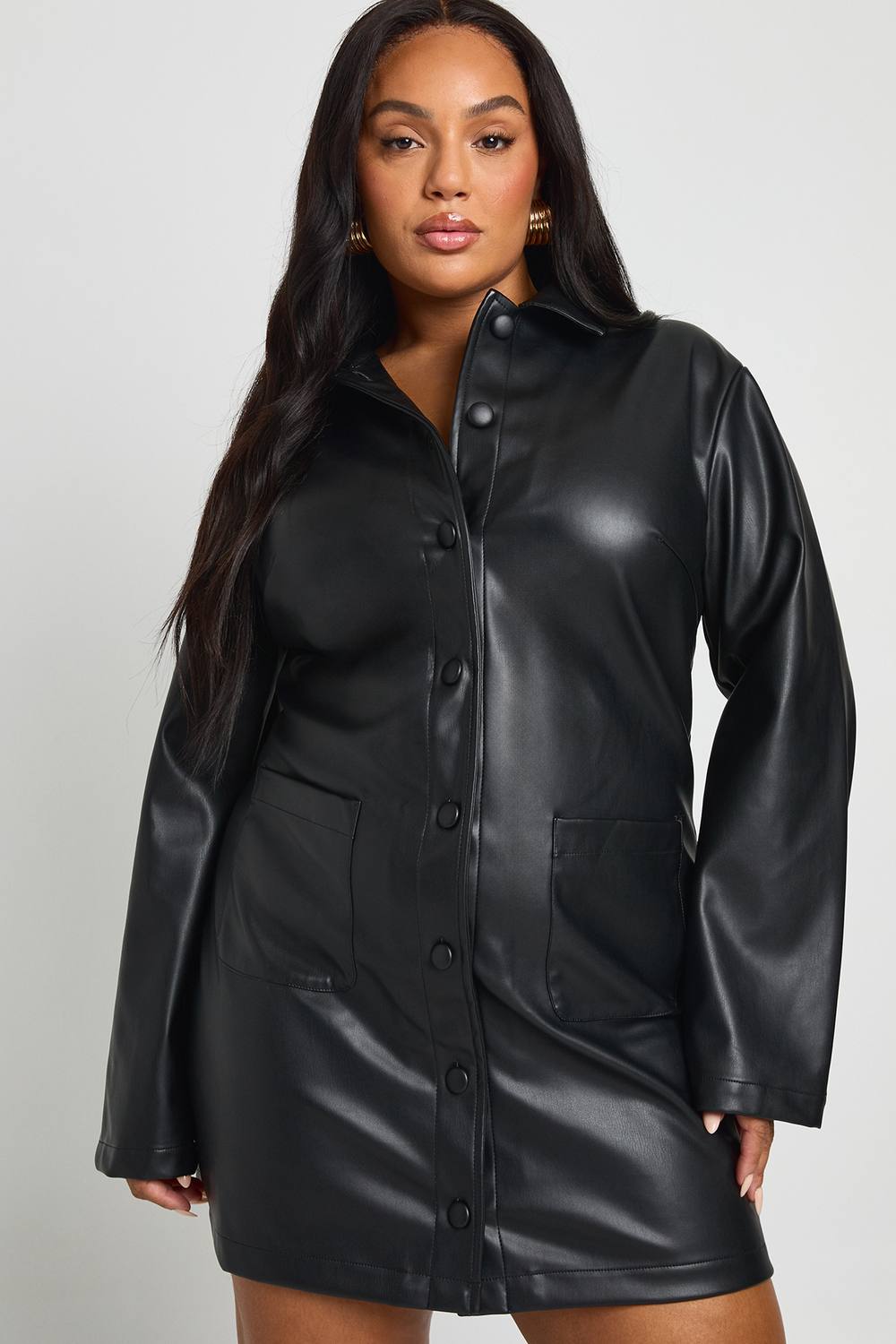 boohoo Women's Plus Pu Collared Long Sleeve Mini Dress in Black by boohoo