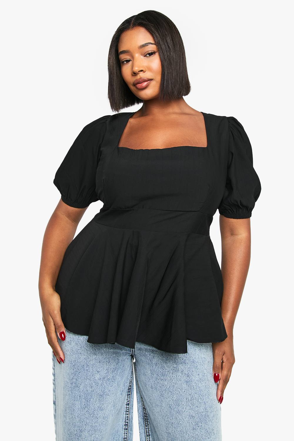 boohoo Women's Plus Puff Sleeve Smock Top in Black by boohoo