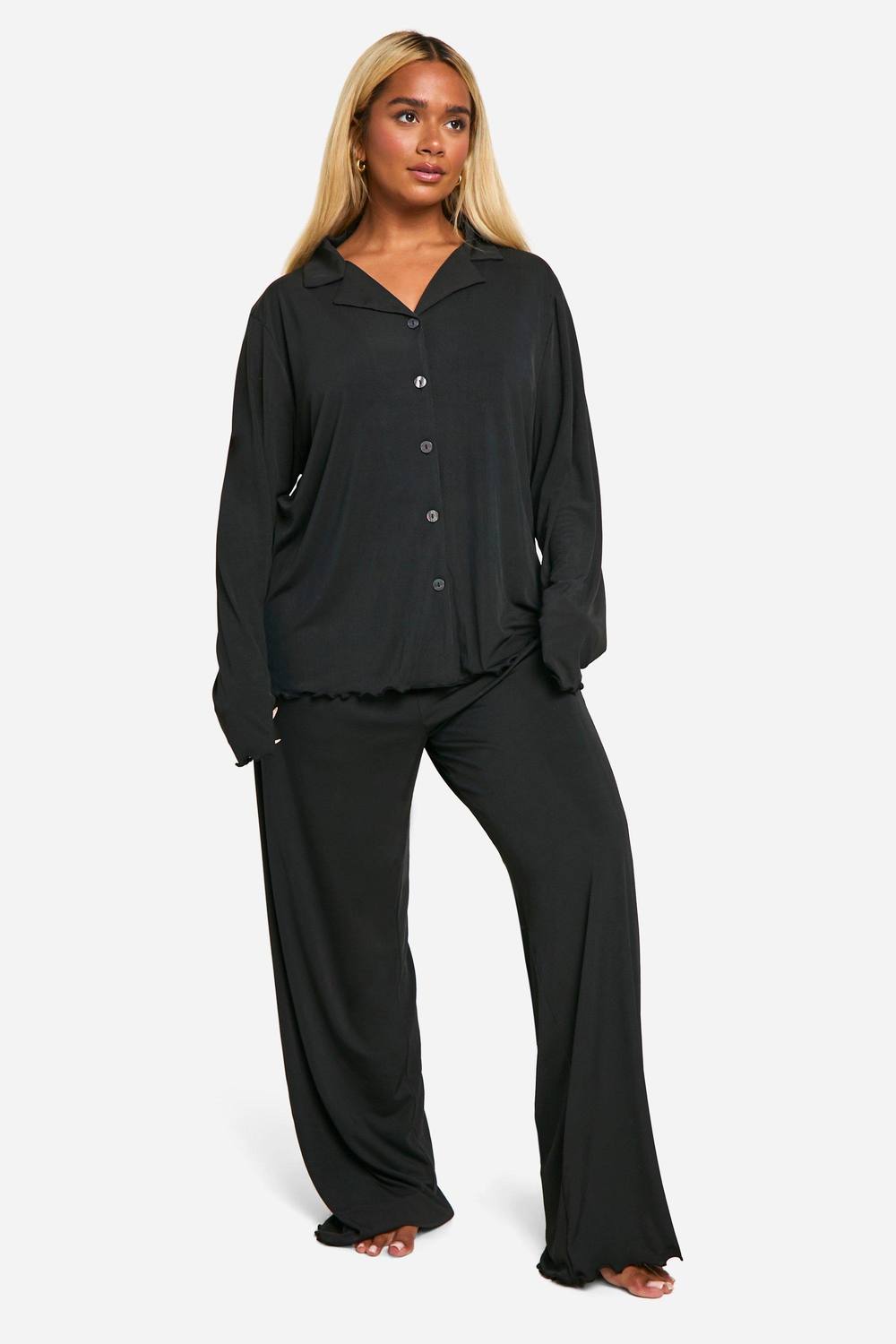 boohoo Women's Plus Rib Button Front Trouser Pyjama Set in Black by boohoo