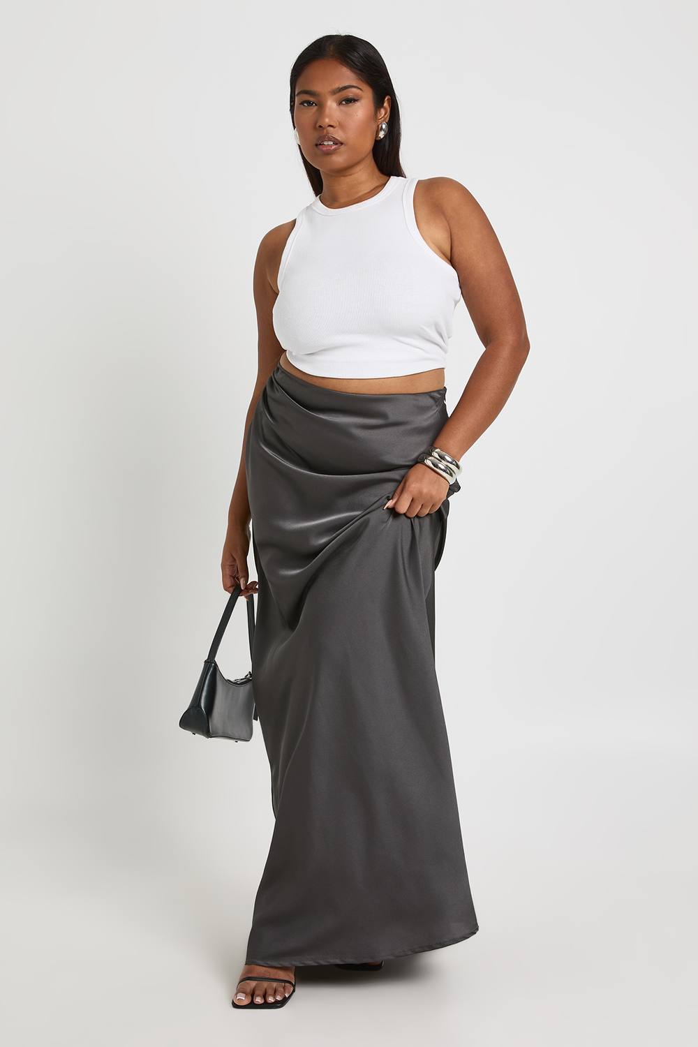 boohoo Women's Plus Satin Ruched Side Detail Column Maxi Skirt in Slate Grey by boohoo