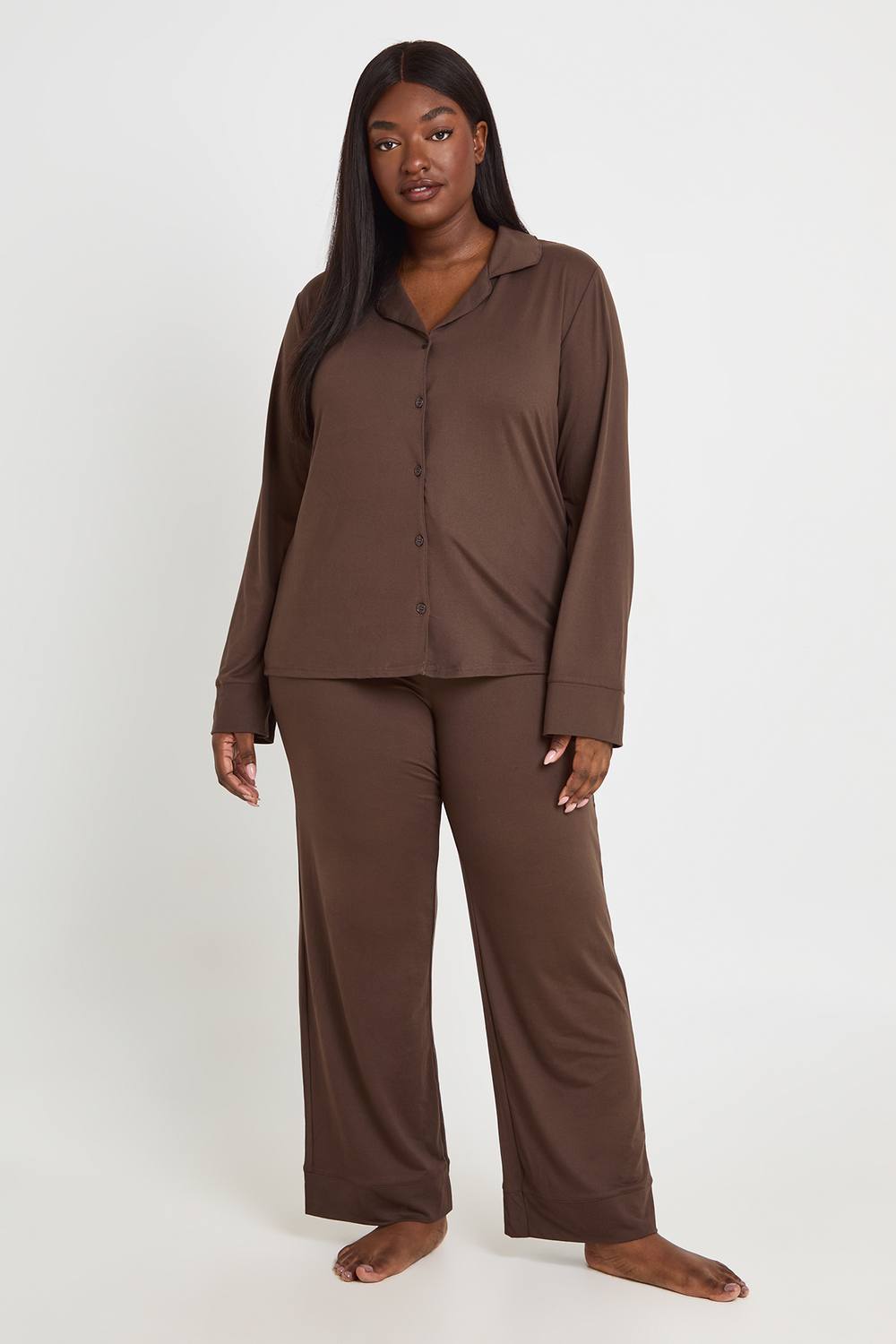 boohoo Women's Plus Soft Touch Button Through Shirt & Trouser Pyjama Set in Chocolate by boohoo