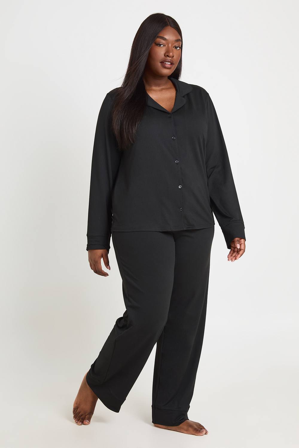 boohoo Women's Plus Soft Touch Button Through Shirt & Trouser Pyjama Set in Black by boohoo