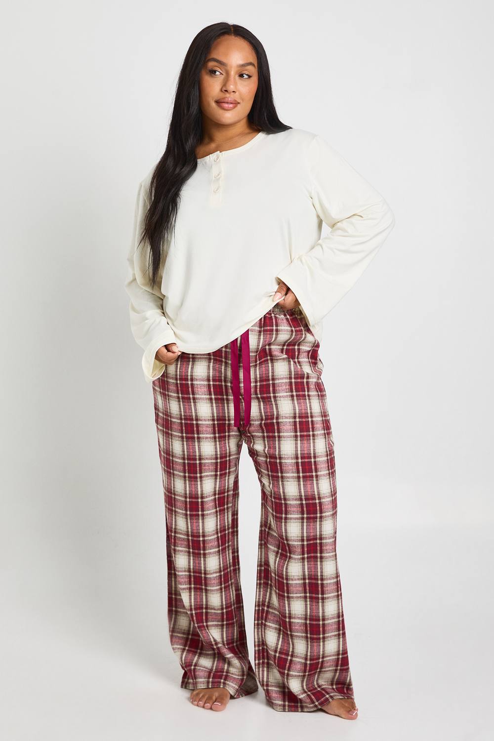 boohoo Women's Plus Soft Touch Gingham Long Sleeve Button Top & Trouser Pyjama Set in Burgundy by boohoo