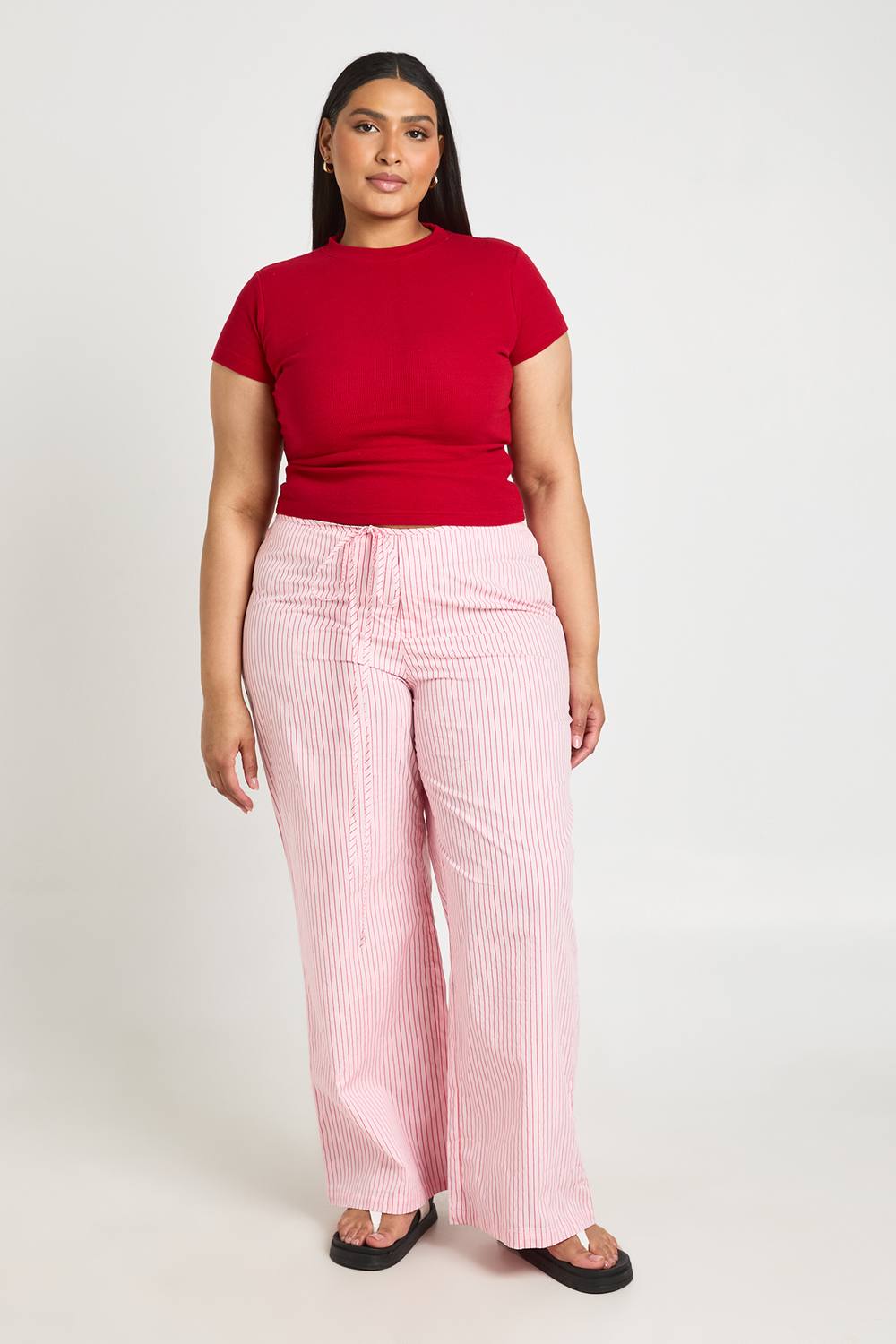 boohoo Women's Plus Stripe Elasticated Waist Wide Leg Trouser in Pink by boohoo