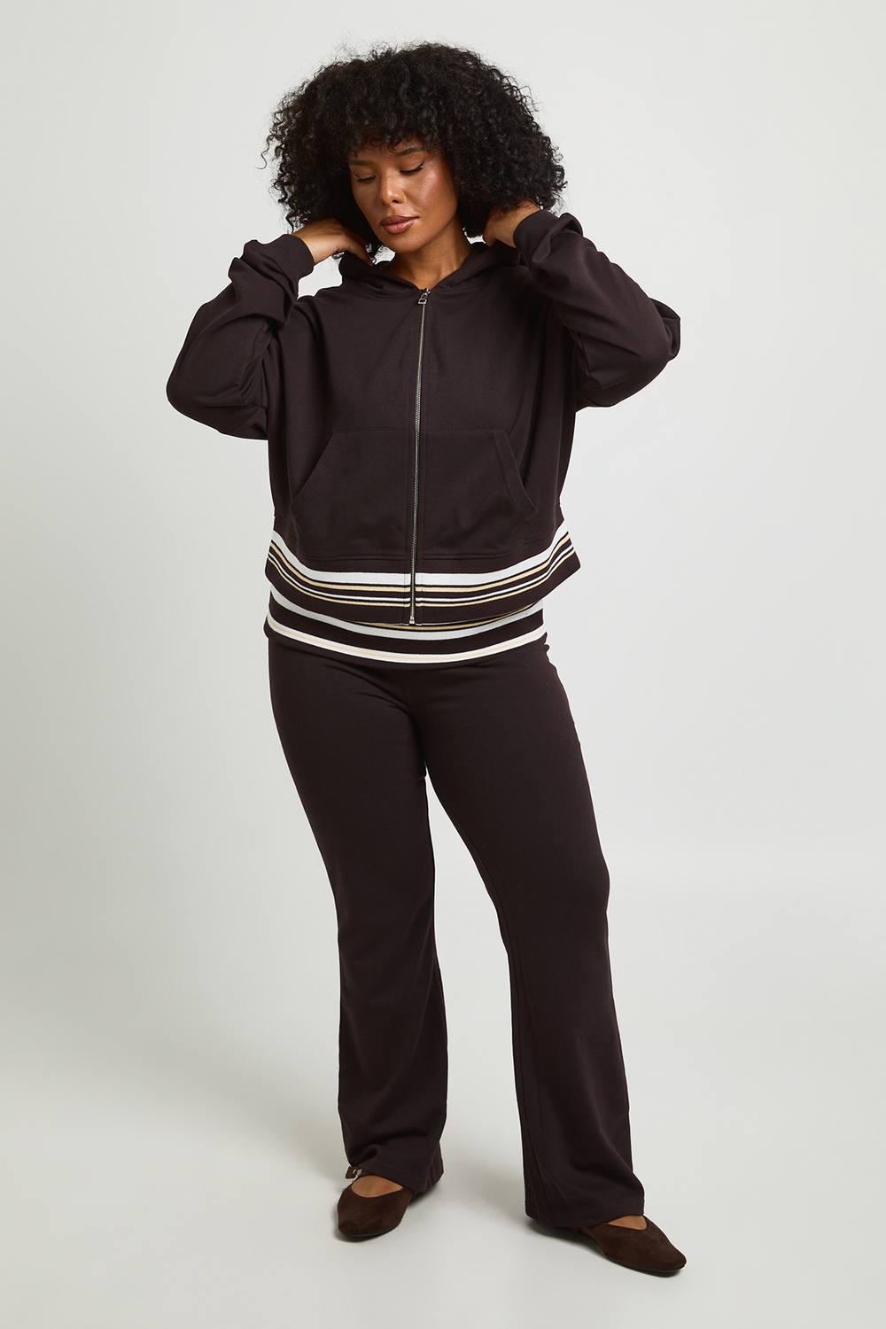 boohoo Women's Plus Stripe Fold Over Waistband Fitted Flared Jogger Pants in Chocolate by boohoo
