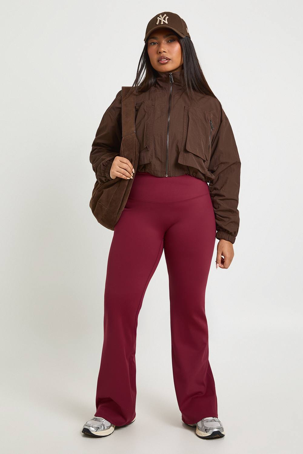 boohoo Women's Plus Super Soft High Waist Flared Legging Pants in Berry by boohoo
