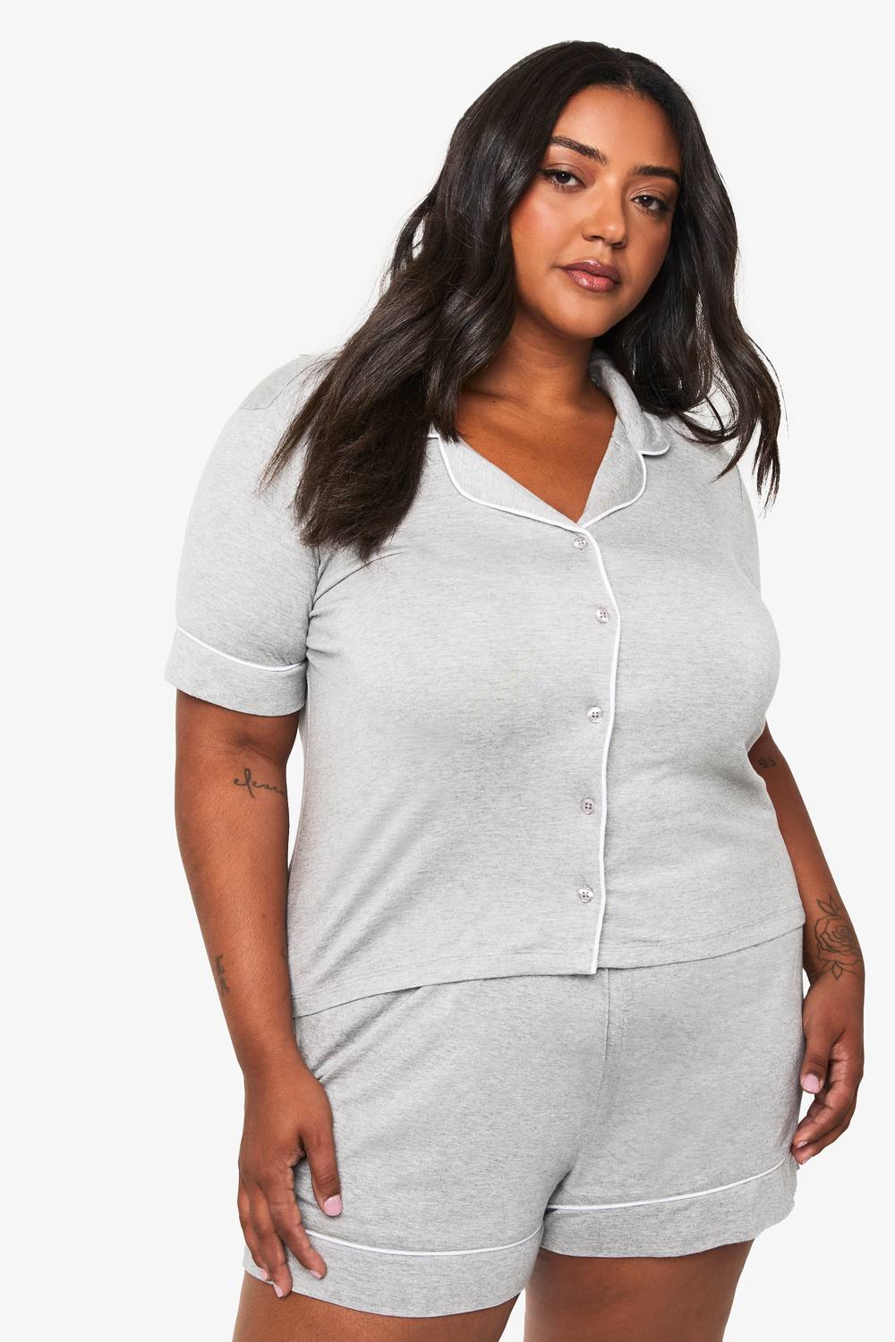 boohoo Women's Plus Super Soft Modal Short Sleeve Shirt & Short Pyjama Set in Grey Marl by boohoo