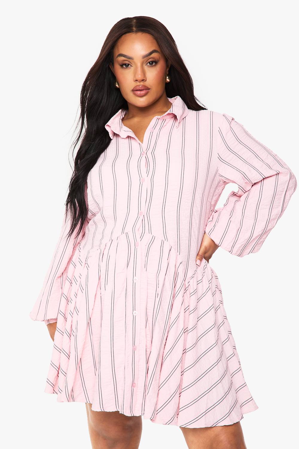 boohoo Women's Plus Textured Stripe Drop Hem Shirt Dress in Pink by boohoo