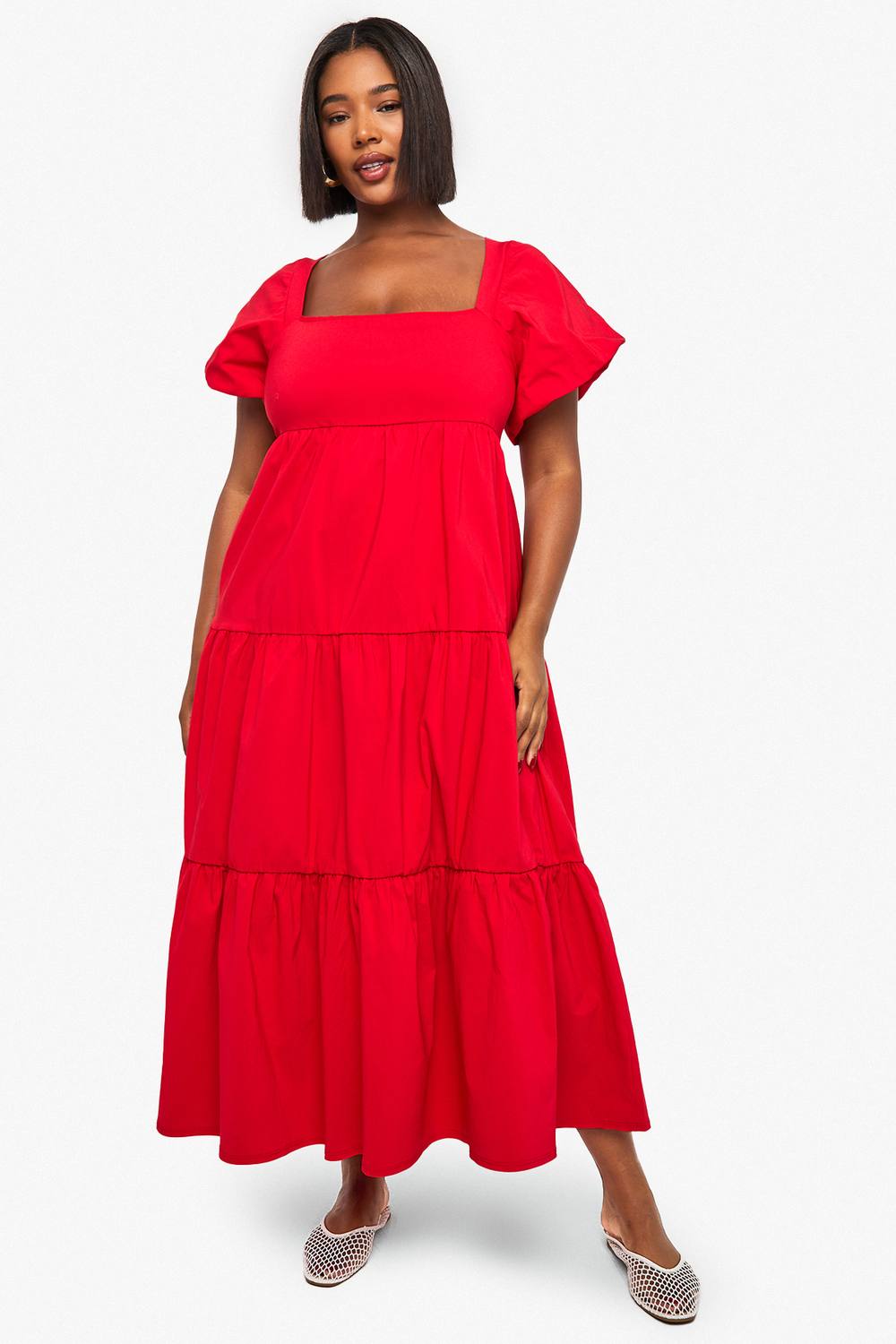 boohoo Women's Plus Tiered Puff Sleeve Midaxi Smock Dress in Red by boohoo