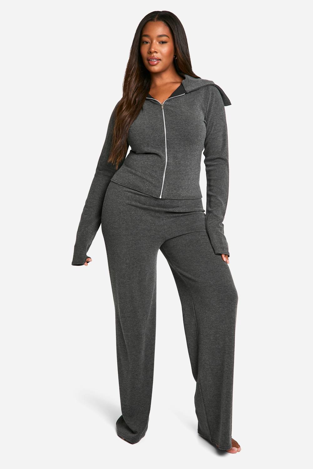 boohoo Women's Plus Two Tone Zip Top & Trouser Lounge Set in Grey by boohoo