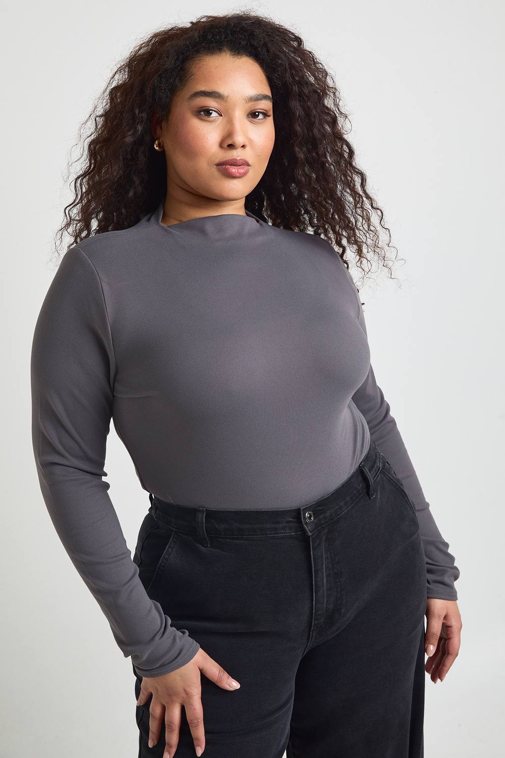 boohoo Women's Plus Ultra Soft Grown On Neck Long Sleeve Bodysuit in Charcoal by boohoo