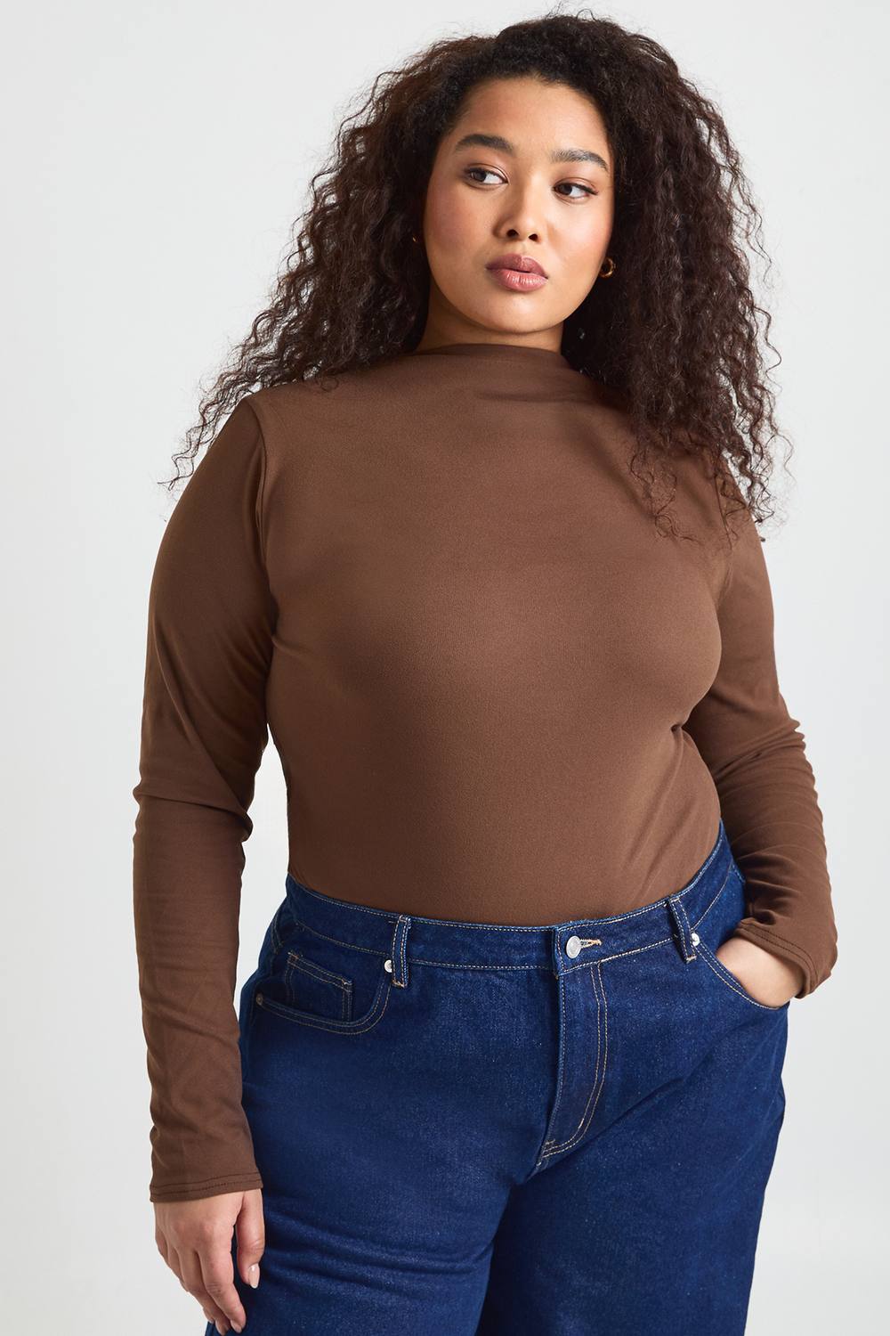 boohoo Women's Plus Ultra Soft Grown On Neck Long Sleeve Bodysuit in Chocolate by boohoo
