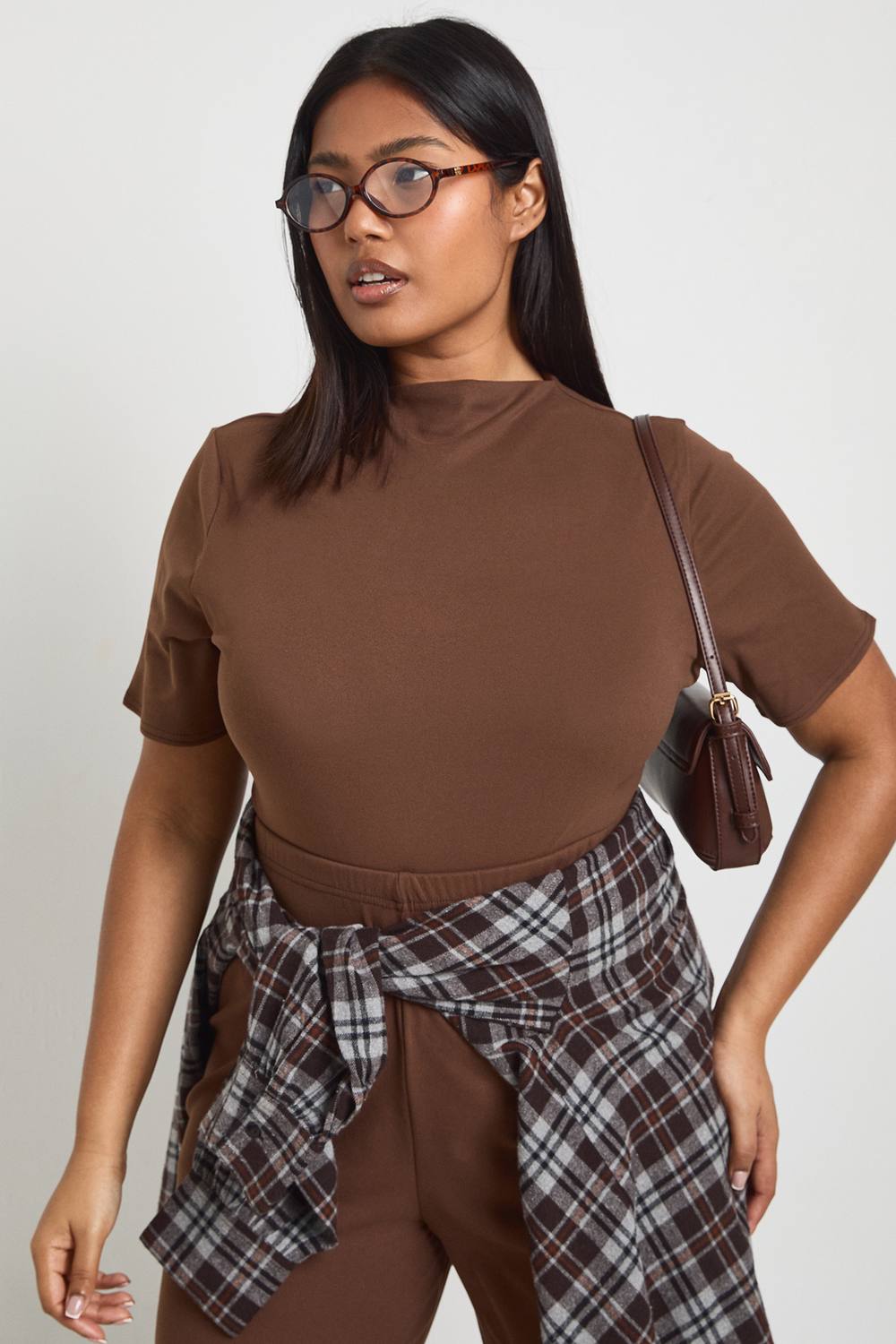 boohoo Women's Plus Ultra Soft Grown On Neck Short Sleeve Bodysuit in Chocolate by boohoo