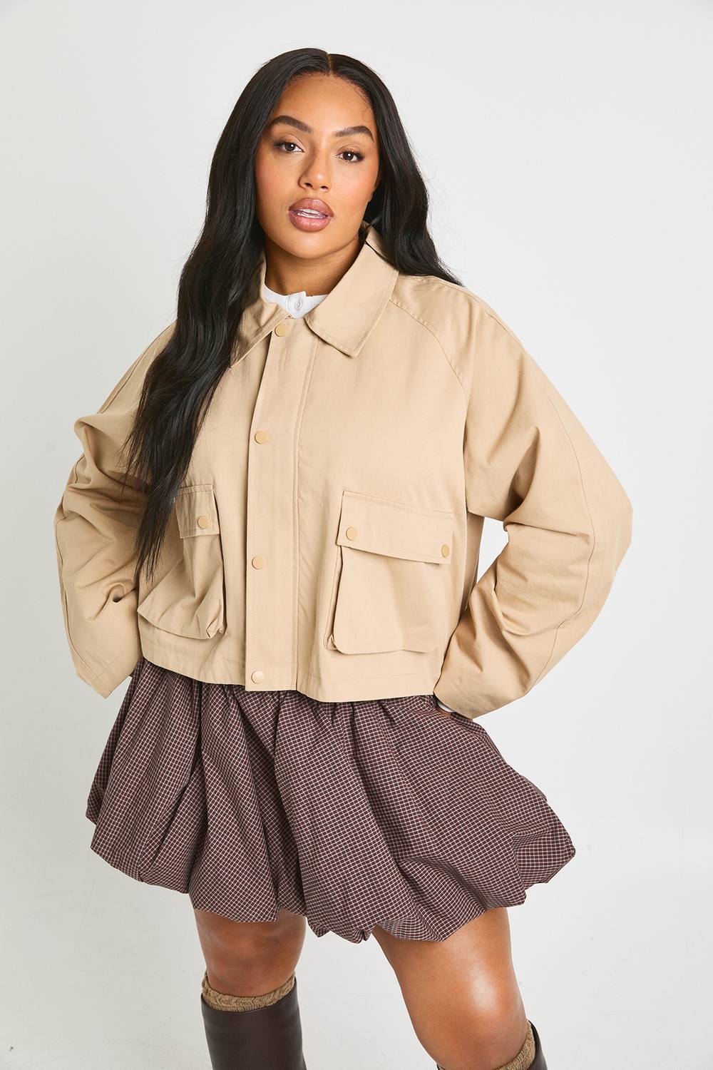 boohoo Women's Plus Utility Cropped Jacket in Stone by boohoo