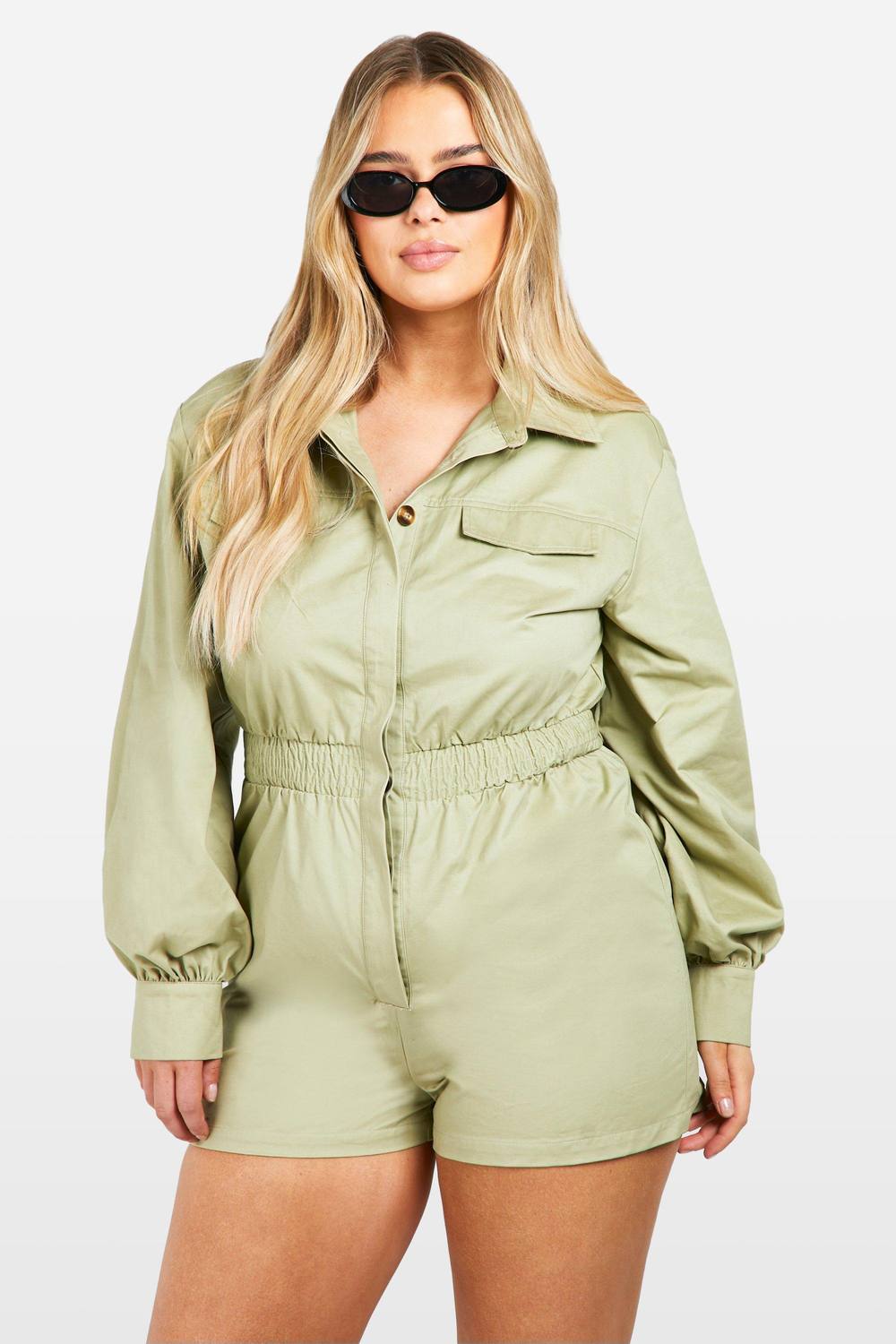 boohoo Women's Plus Utility Long Sleeved Playsuit in Khaki by boohoo