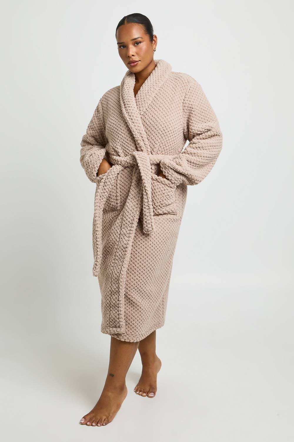 boohoo Women's Plus Waffle Fleece Long Dressing Gown in Beige by boohoo
