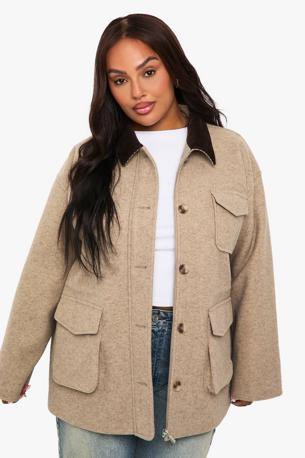 boohoo Women's Plus Wool Look Barn Jacket in Stone by boohoo