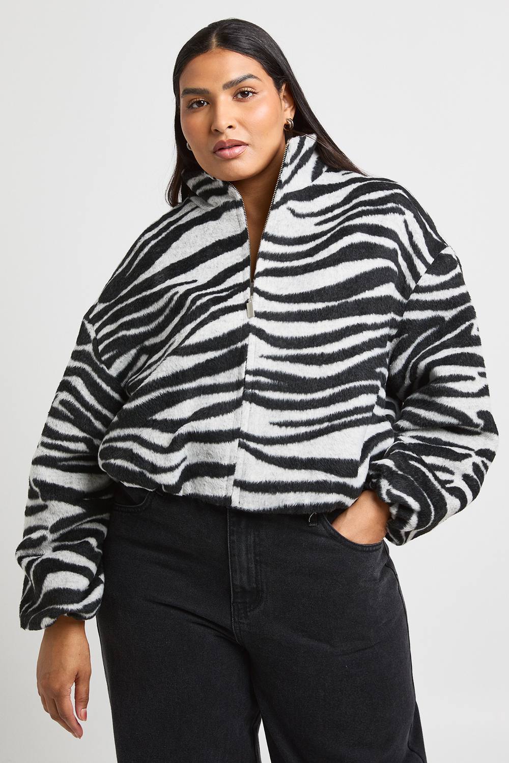 boohoo Women's Plus Zebra Wool Look Bomber Jacket | Size: 16 | Denim/Polyurethane