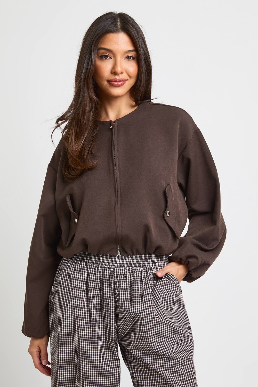 boohoo Women's Pocket Detail Bomber Jacket in Chocolate by boohoo