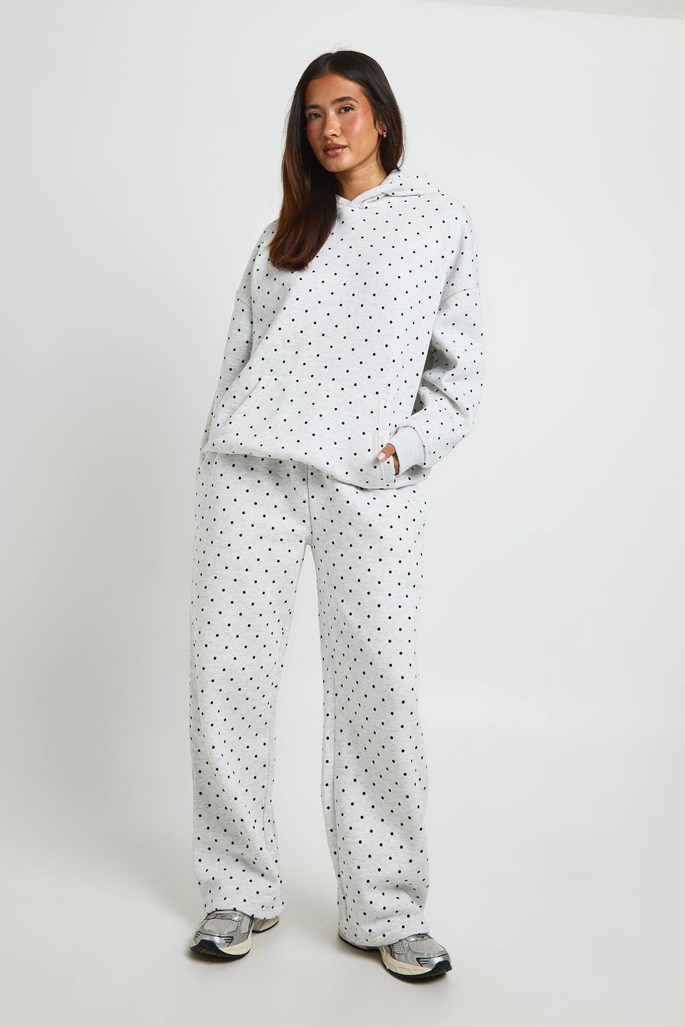 boohoo Women's Polka Dot Straight Leg Jogger Pants in Ash Grey by boohoo