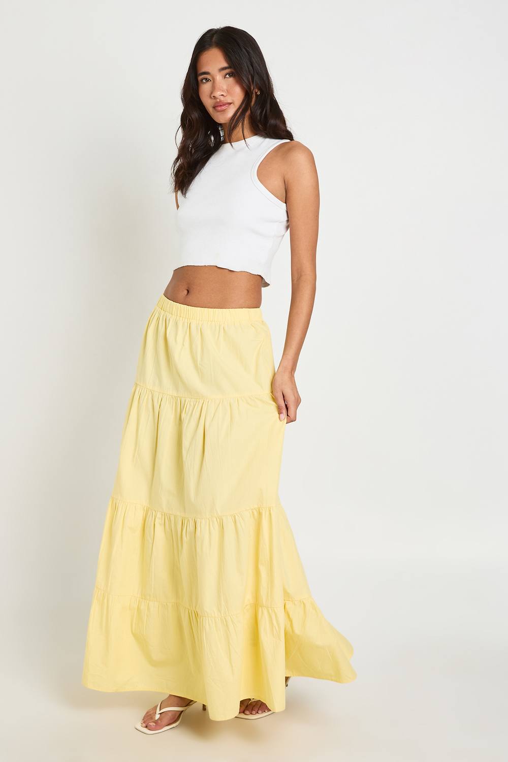 boohoo Women's Poplin Tiered Maxi Skirt in Lemon by boohoo