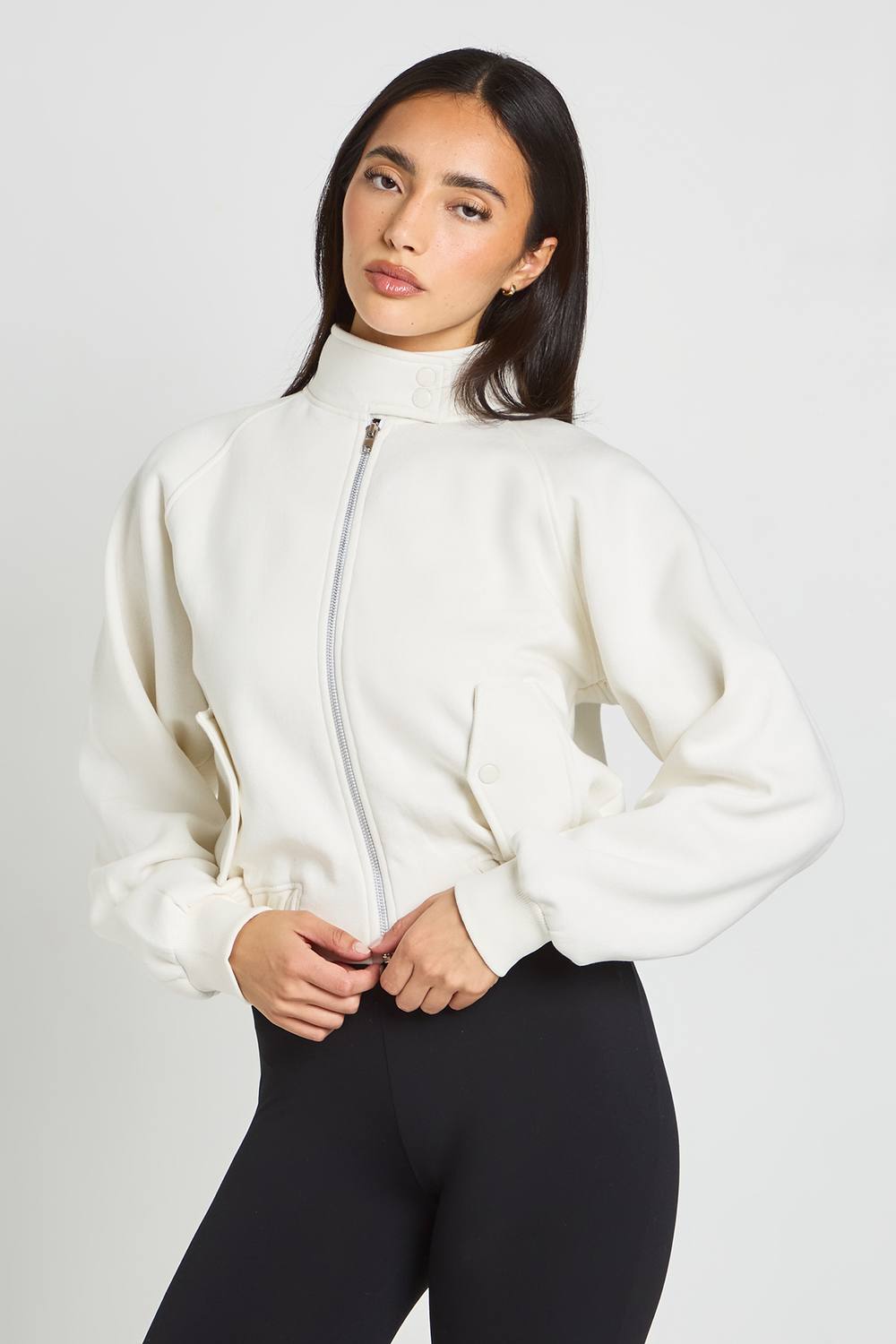 boohoo Women's Popper Detail Funnel Neck Sweat Bomber Sweatshirt in Ecru by boohoo