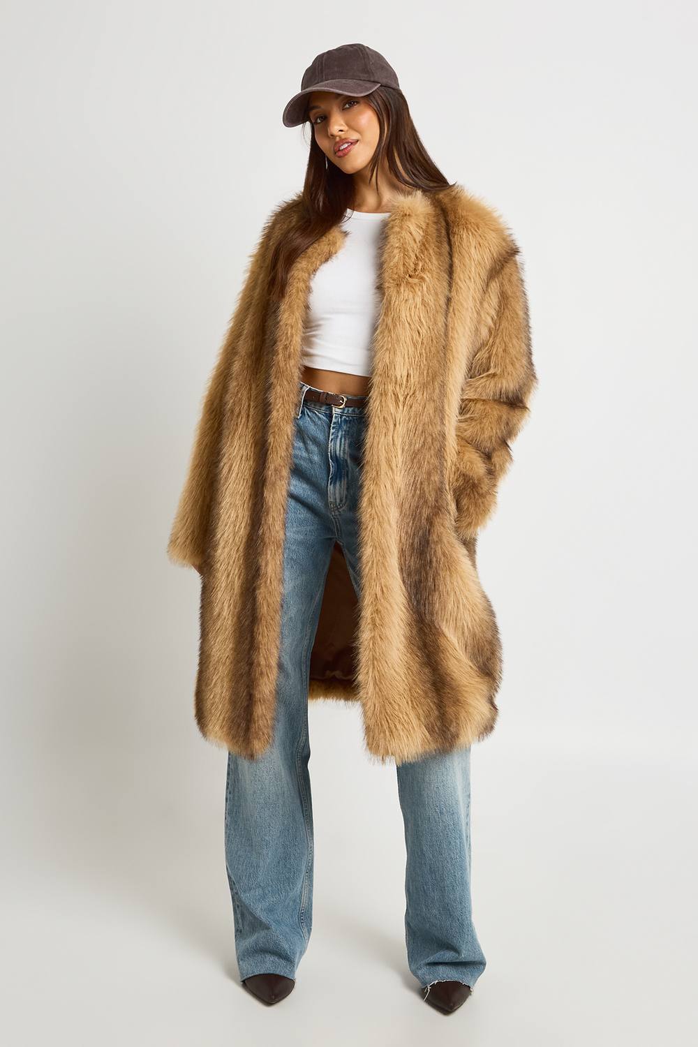 boohoo Women's Premium Vintage Look Collarless Faux Fur Maxi Coat in Biscuit by boohoo