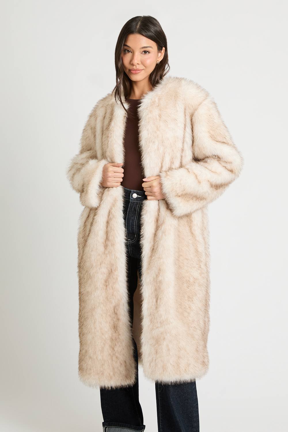 boohoo Women's Premium Vintage Look Collarless Faux Fur Maxi Coat in Grey by boohoo