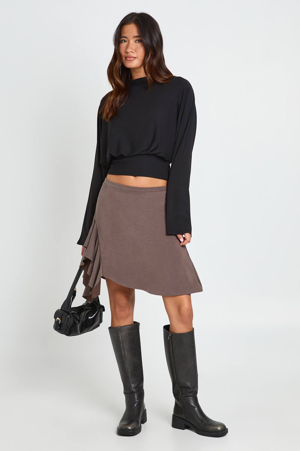 boohoo Women's Premium Washed Frilly Midi Skirt in Taupe by boohoo