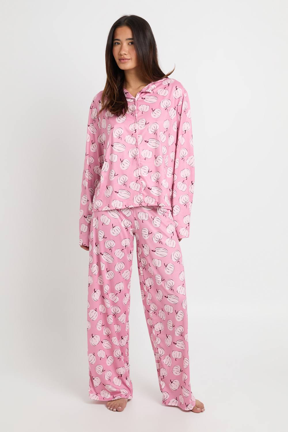boohoo Women's Pumpkin Print Long Sleeve Shirt & Trouser Pyjama Set in Pink by boohoo