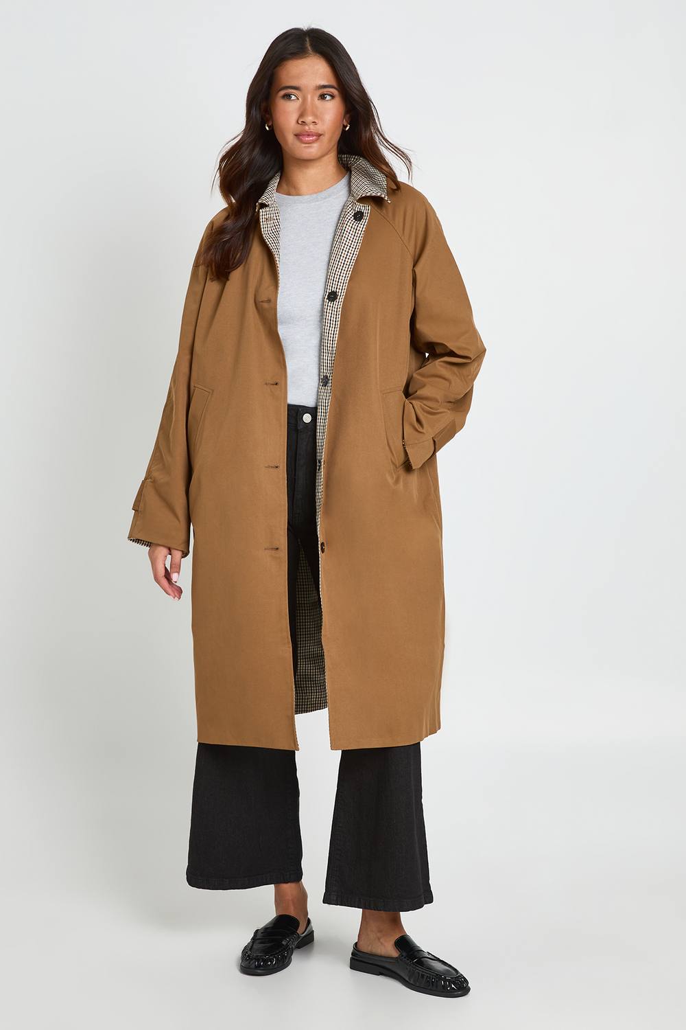 boohoo Women's Reversible Check Detail Trench Coat in Tan by boohoo