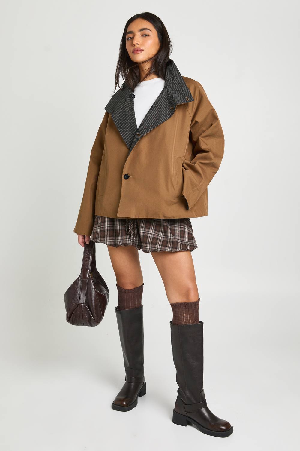 boohoo Women's Reversible Check Trench Coat in Tan by boohoo