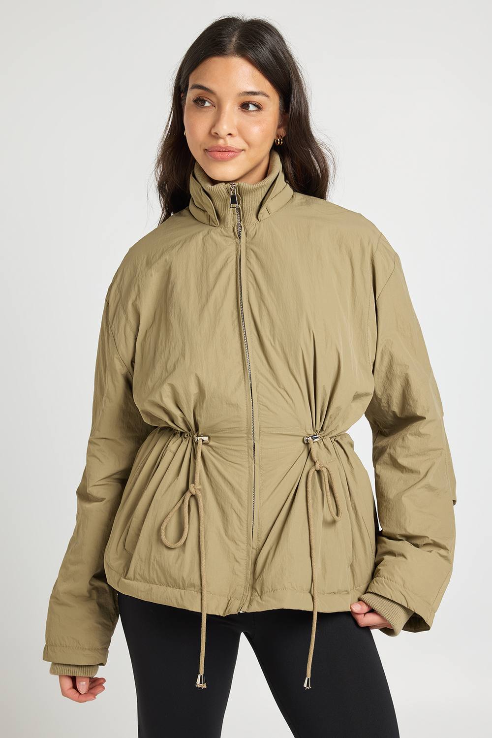 boohoo Women's Rib Collar Cinched Waist Parka in Khaki by boohoo