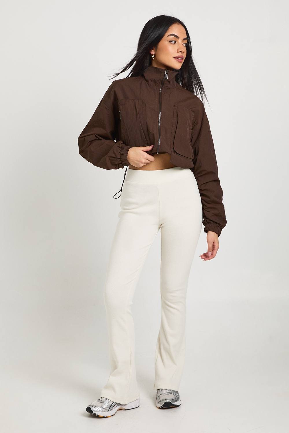 boohoo Women's Ribbed Flare Leggings Pants in Cream by boohoo