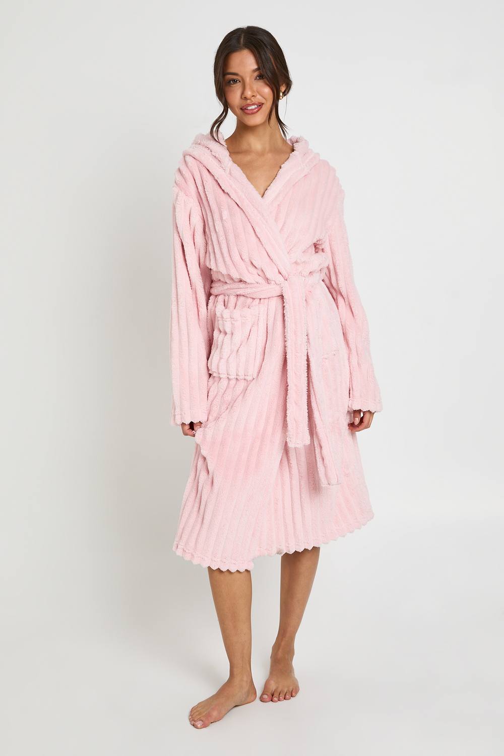 boohoo Women's Ribbed Fleece Hooded Long Dressing Gown in Light Pink by boohoo