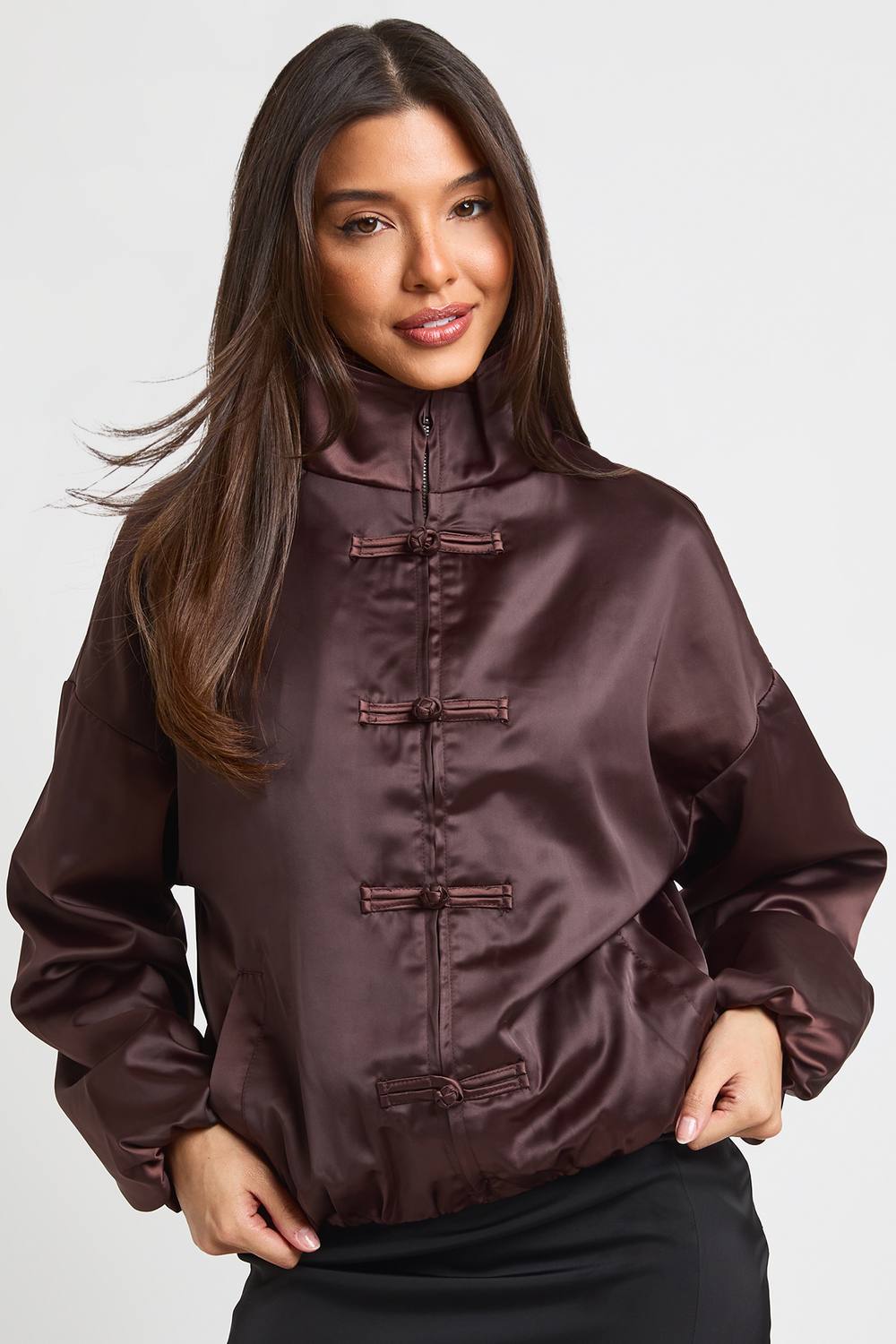 boohoo Women's Satin Button Detail Bomber Jacket in Chocolate by boohoo
