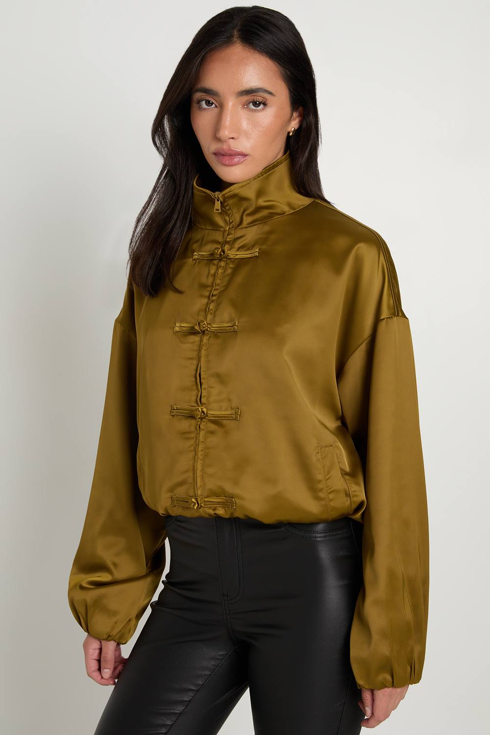 boohoo Women's Satin Button Detail Bomber Jacket in Olive by boohoo