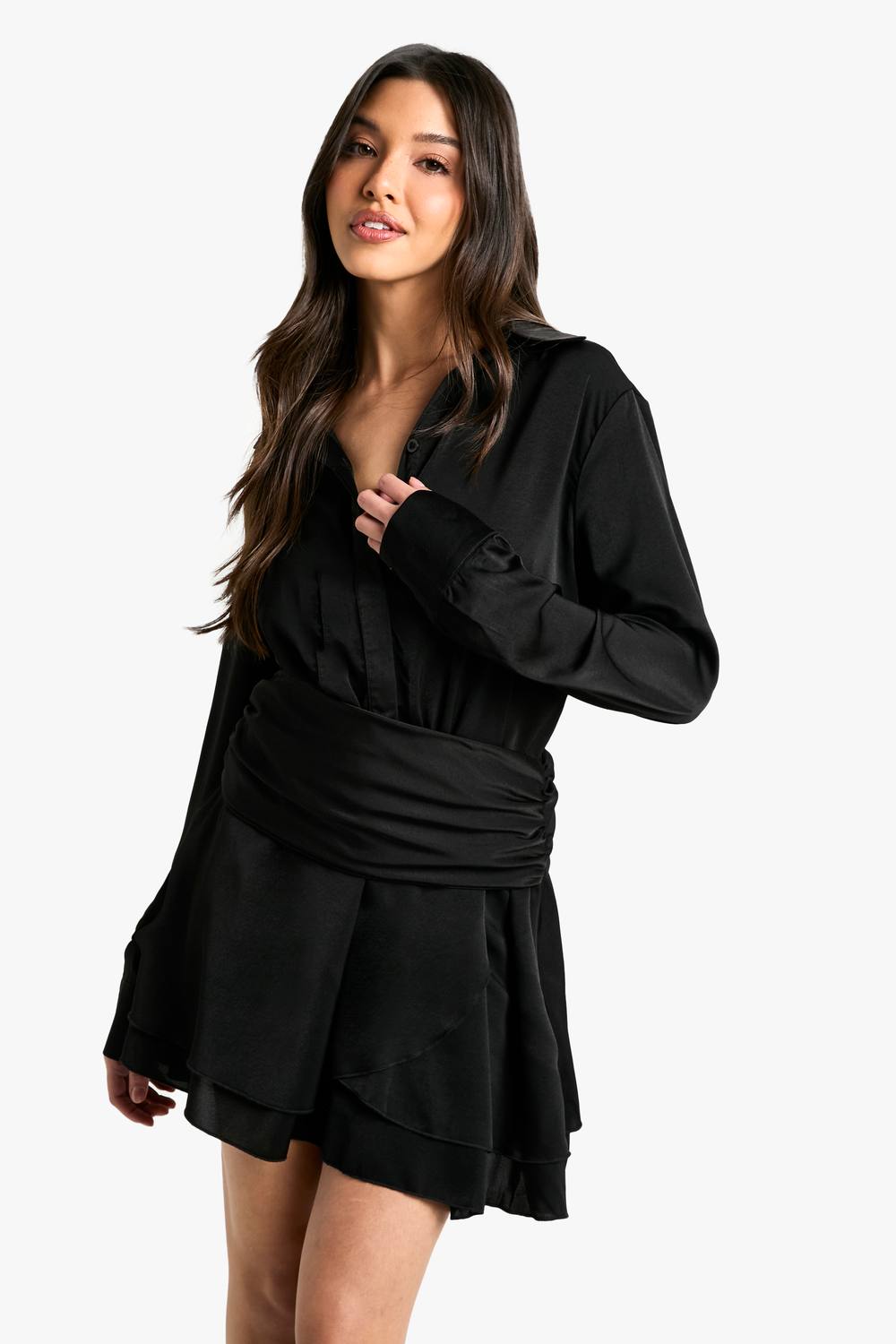 boohoo Women's Satin Ruched Shirt Dress in Black by boohoo