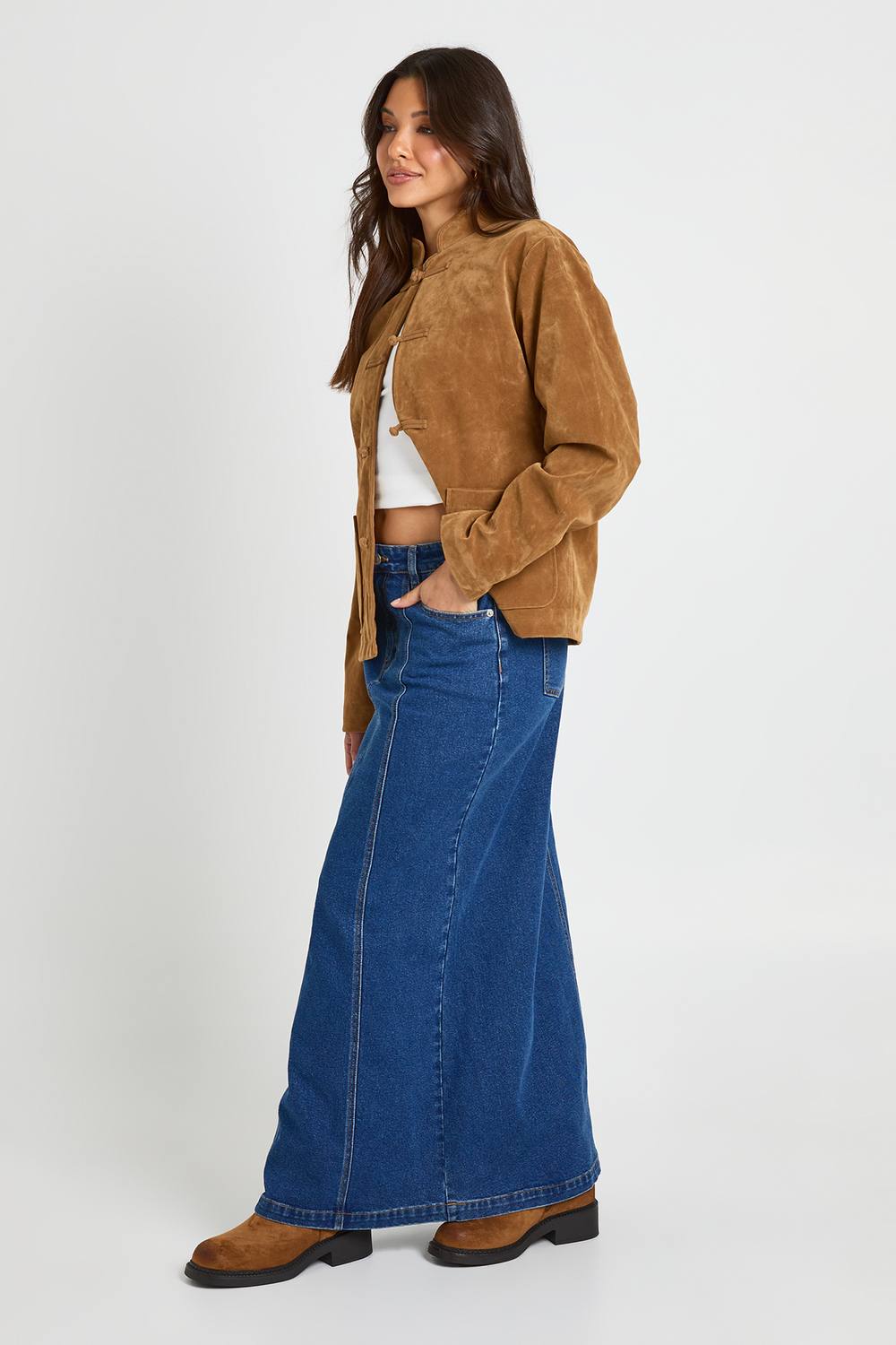 boohoo Women's Seam Detail Denim Maxi Skirt in Washed Indigo by boohoo