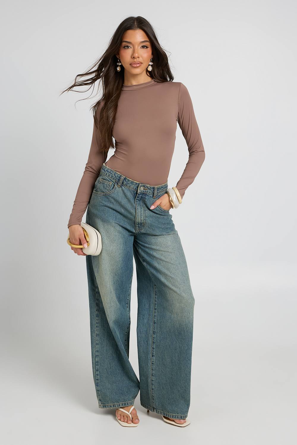 boohoo Women's Second Skin Crew Neck Long Sleeve Bodysuit in Mocha | Size: 12 | Denim/Polyurethane