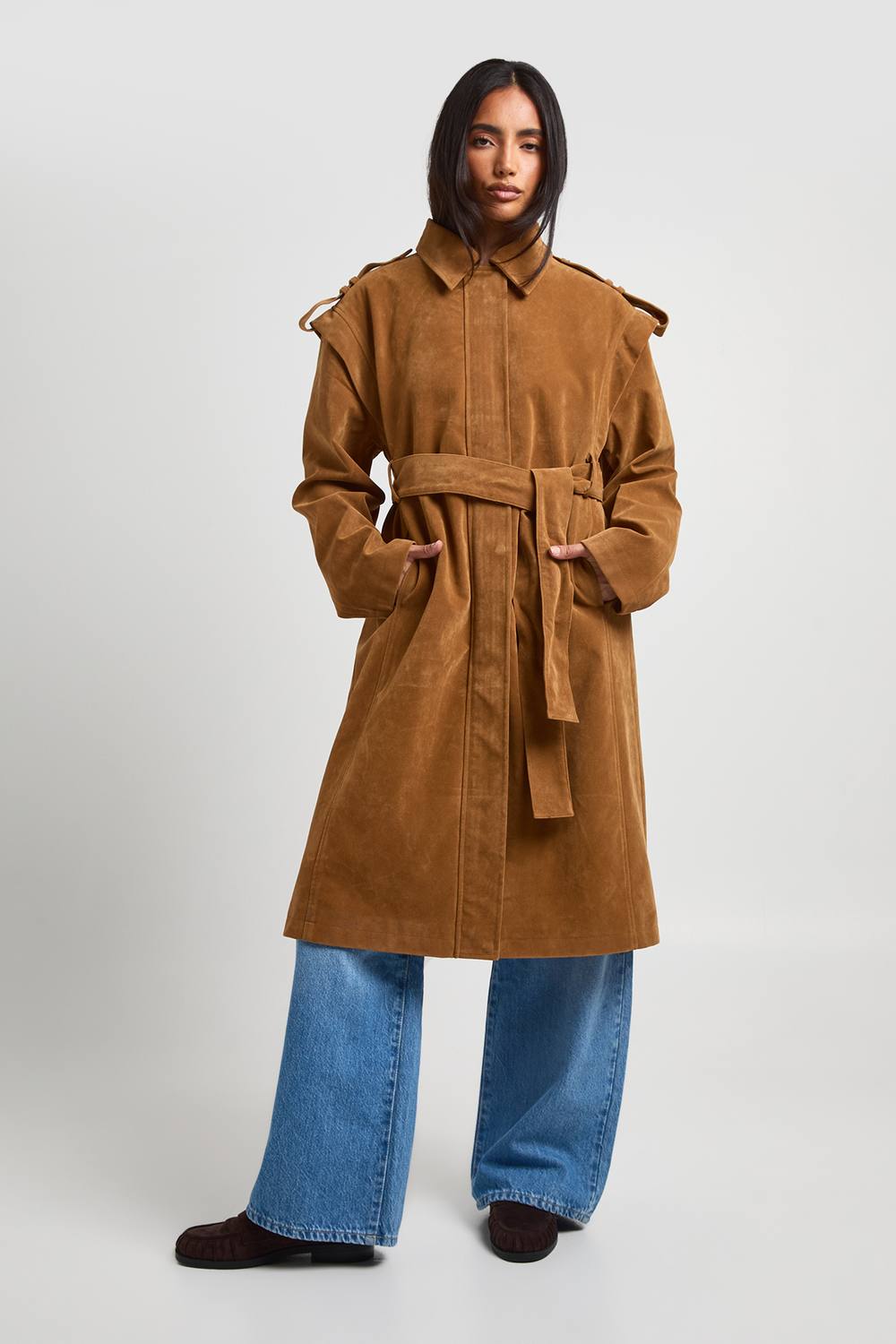 boohoo Women's Shoulder Detail Faux Suede Trench Coat in Tan by boohoo