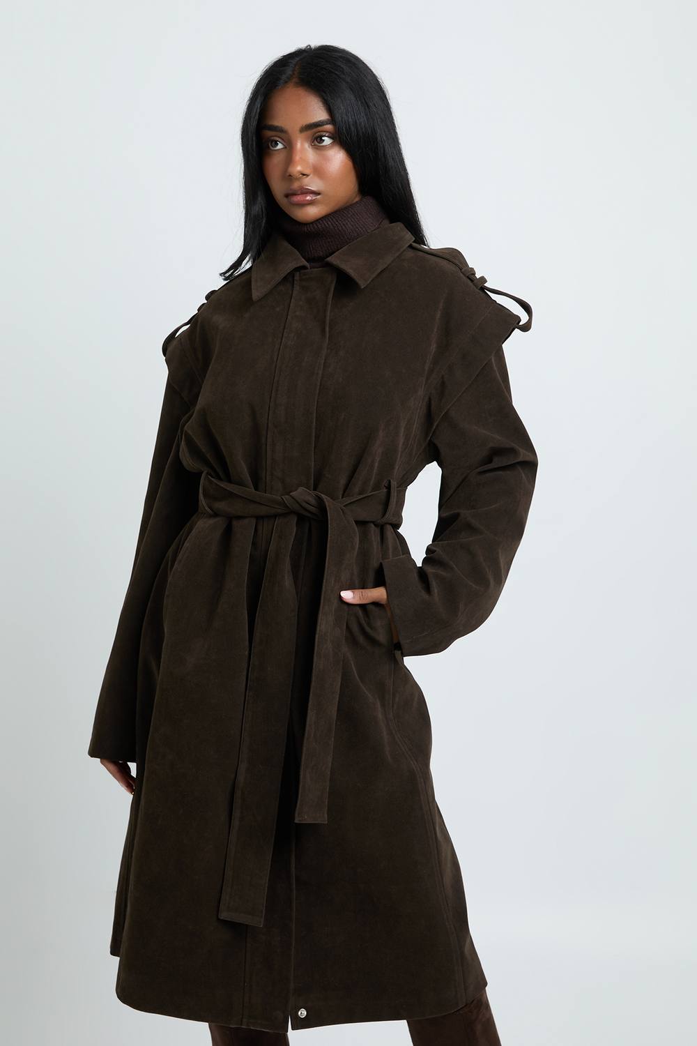 boohoo Women's Shoulder Detail Faux Suede Trench Coat in Chocolate by boohoo