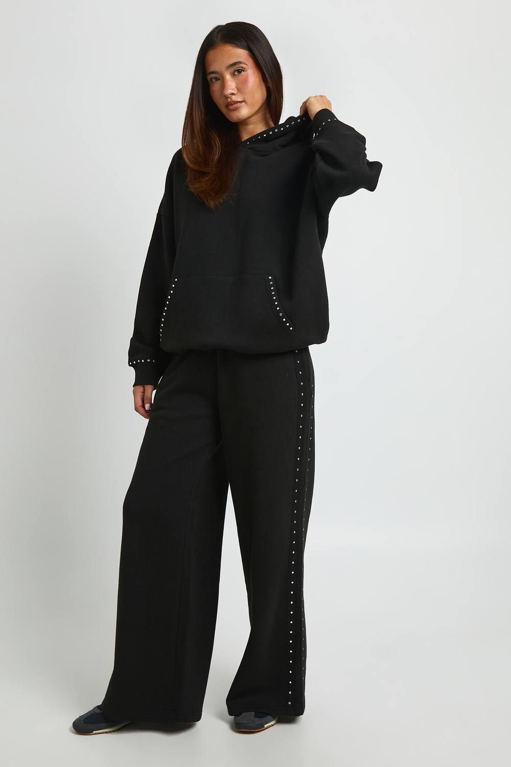 boohoo Women's Side Panel Stud Detail Straight Leg Jogger Pants in Black by boohoo